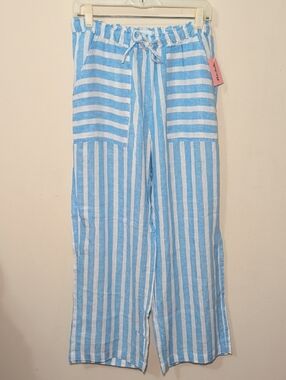 100% Linen Wide Leg Pants Blue + White Striped Cynthia Rowley NEW Women's Size M